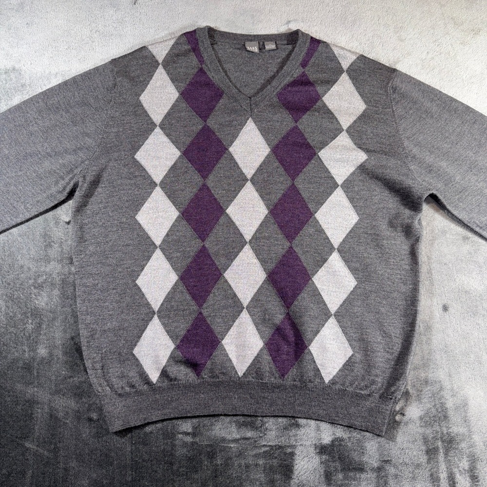Saks Fifth Avenue Mens XL Argyle V-Neck Sweater 100% Merino Wool Made in Italy